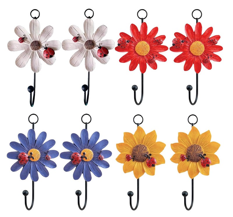 Notakia 8pcs Resin Daisy Flower Wall Hooks Decoration Hanging Coat Hooks Vintage Art Printing Iron Hook Key Hat Towel Wall Mounts Hooks Home Decor - Image 1